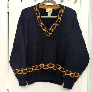 WOW! Vintage Black and Gold Chains V Neck Sweater- Too Cool! Sz M
